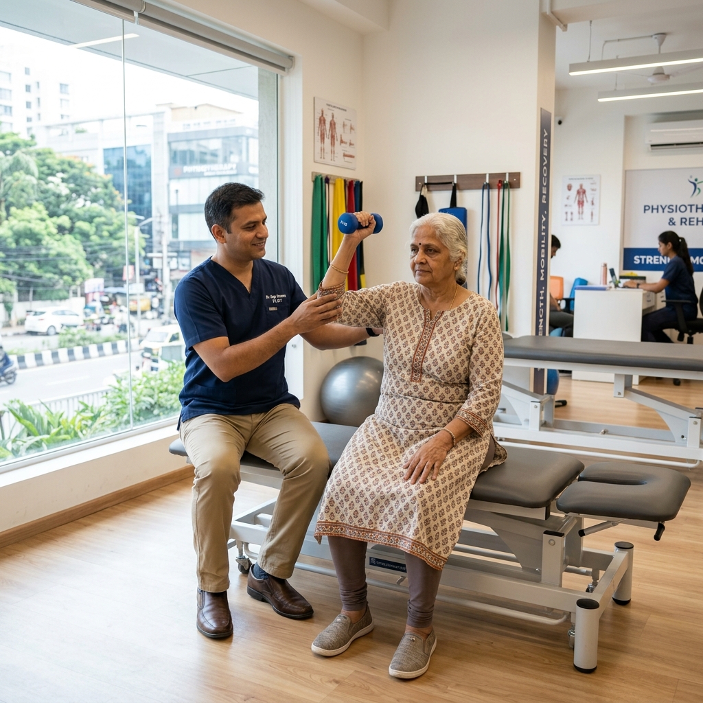 Dr. Sanjay helping patient with physical therapy and rehabilitation